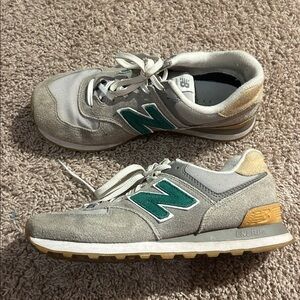 New Balance 574 Gray and Green Athletic Shoes - Marblehead Rain Cloud
